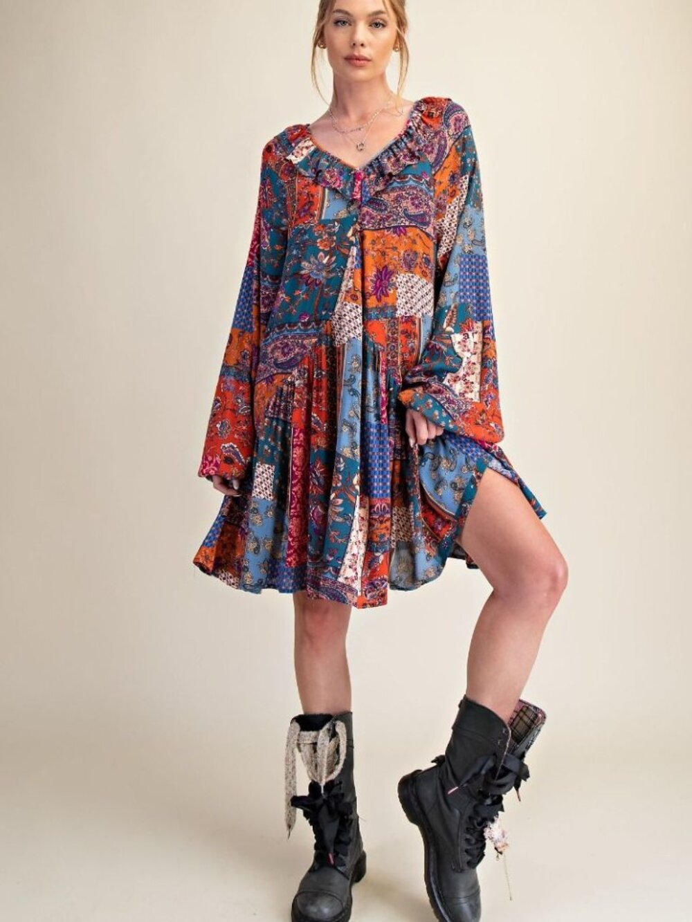 Easel PATCHWORK PRINTED GAUZE MINI DRESS NEW